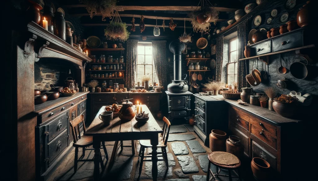 a dark cottagecore kitchen from darkcottagecore.com_