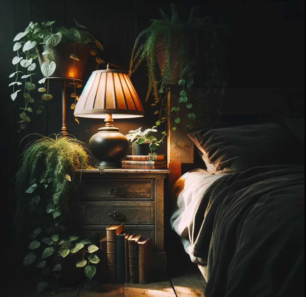 cosy corner of a dark cottagecore bedroom