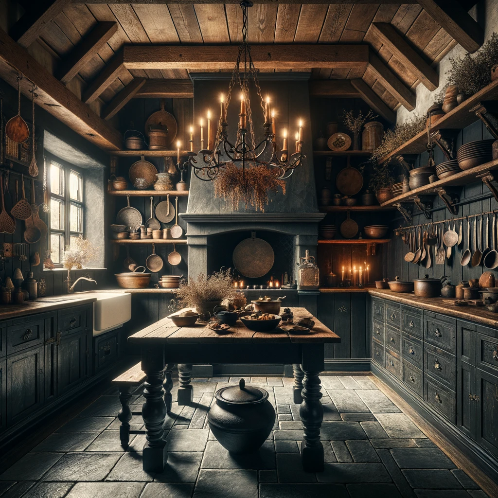 inside a dark cottagecore kicthen