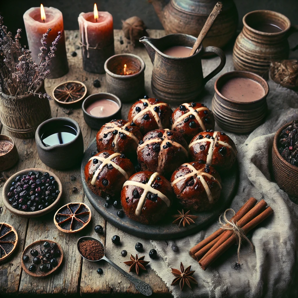 Dark Rye Hot Cross Buns with Blackcurrants