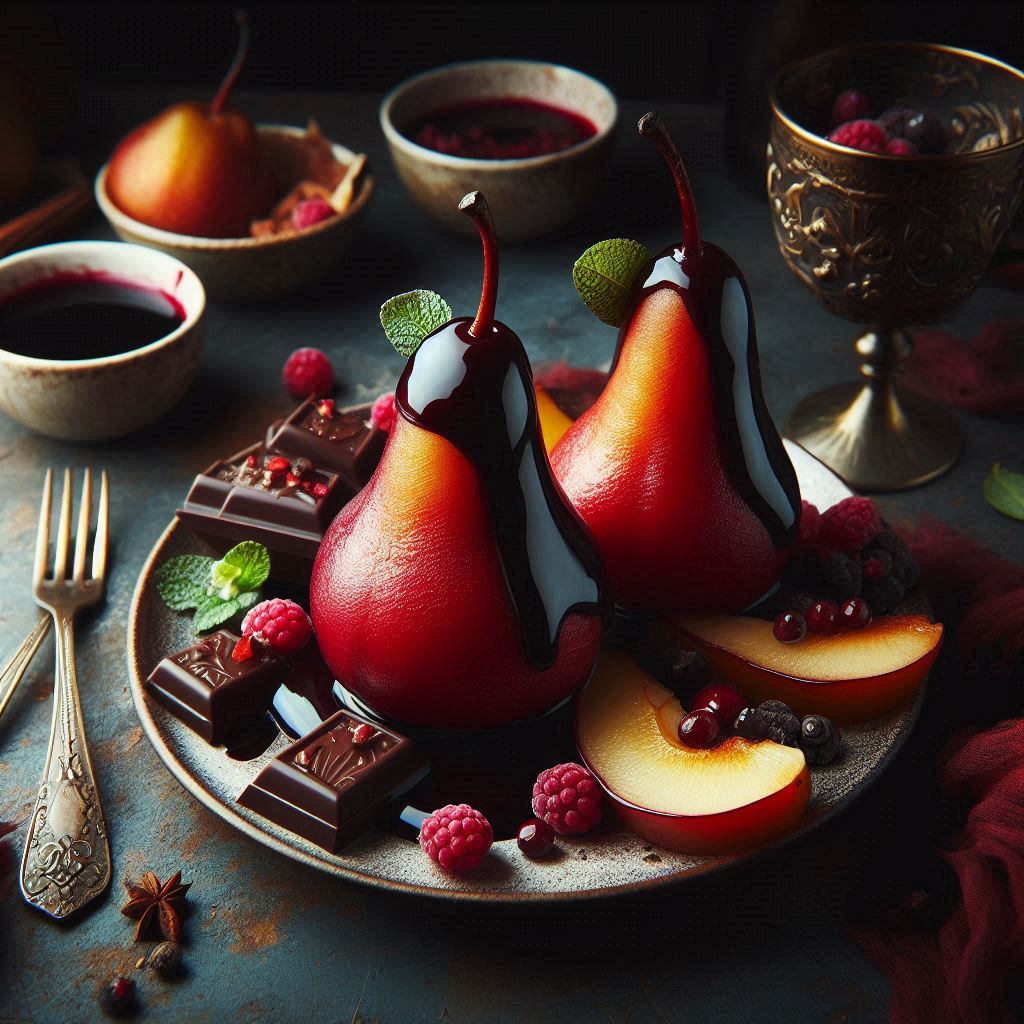 Red Wine Poached Pears with Dark Chocolate Ganache